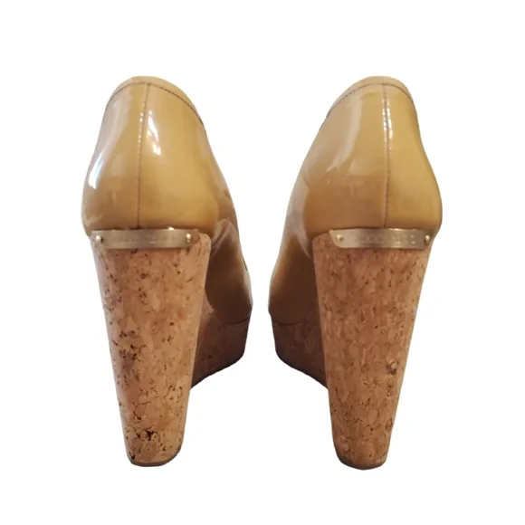 Jimmy Choo Papina Peep-Toe Beige Patent Leather Cork Platform Shoes Size 10 - Picture 3 of 6